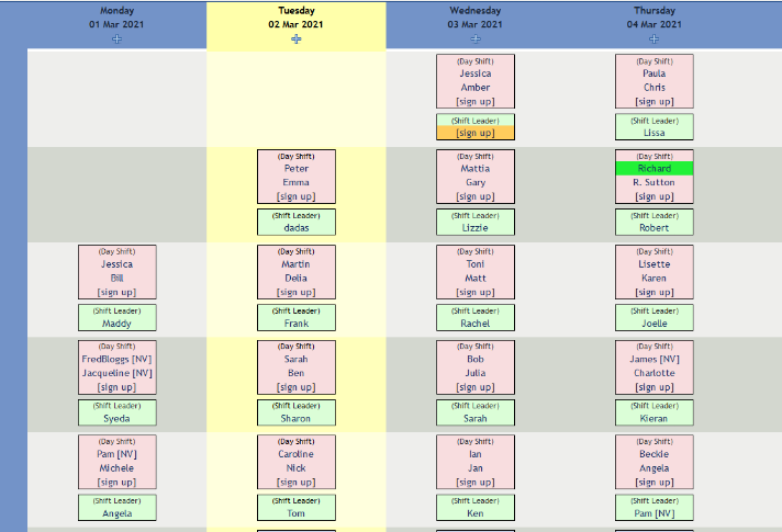 Screenshot of rota showing volunteers signed up to shifts at various times of day