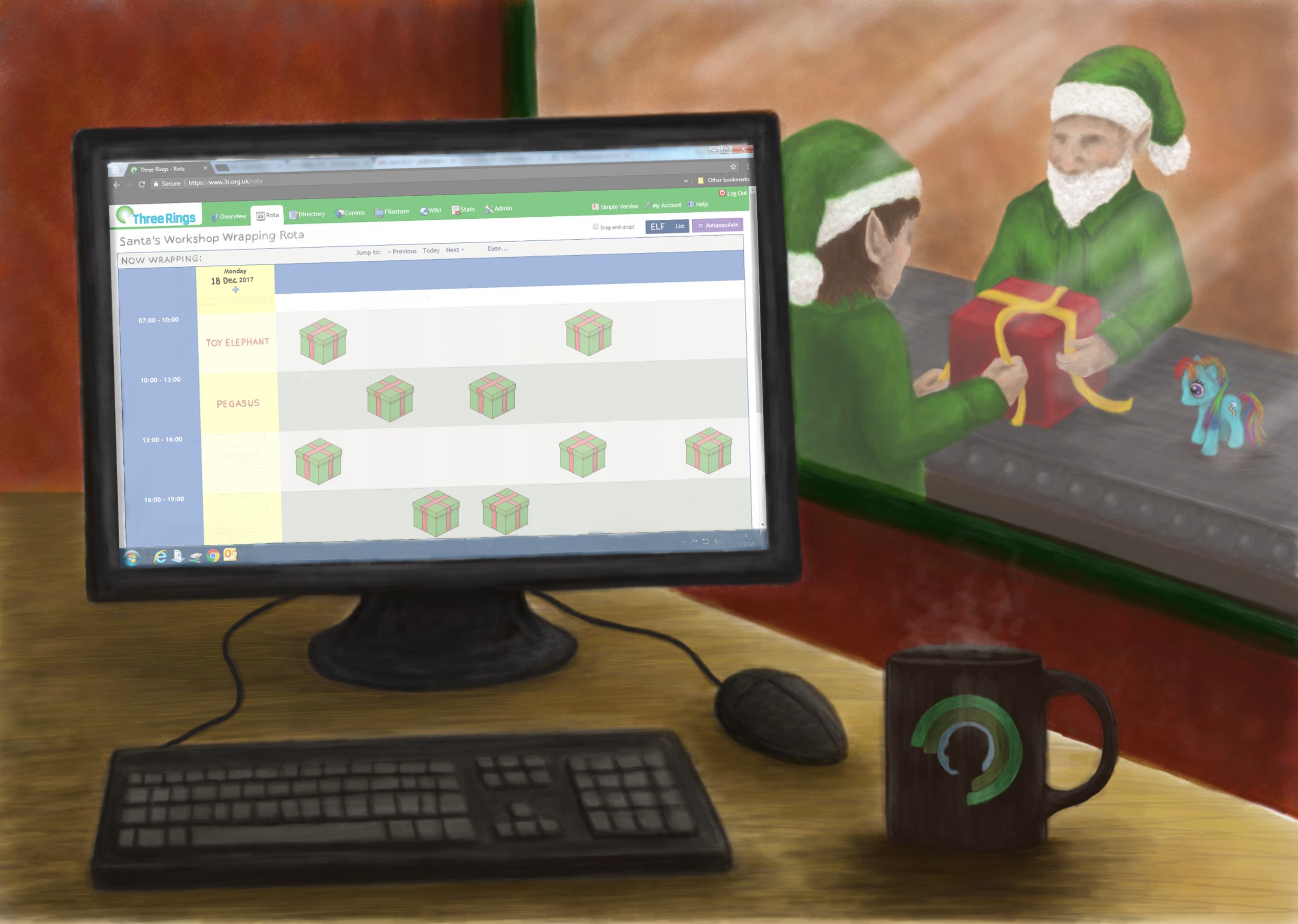 A computer monitor showing a Three Rings rota, with Christmas present images on it, and elves exchanging gifts in the background