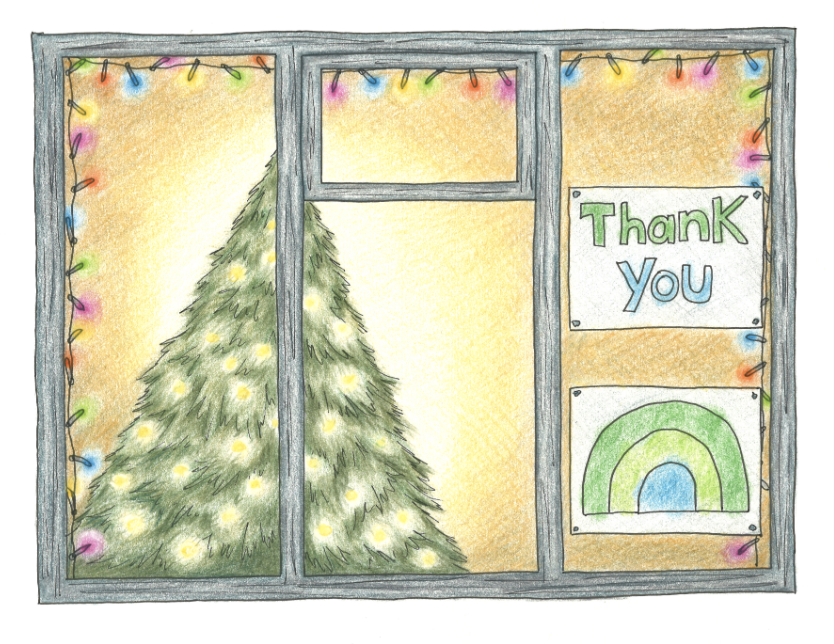View of a Christmas tree through a window, with a poster on the wall saying Thank you and a rainbow on a separate poster in the Three Rings colours (mid green, light green and light blue)