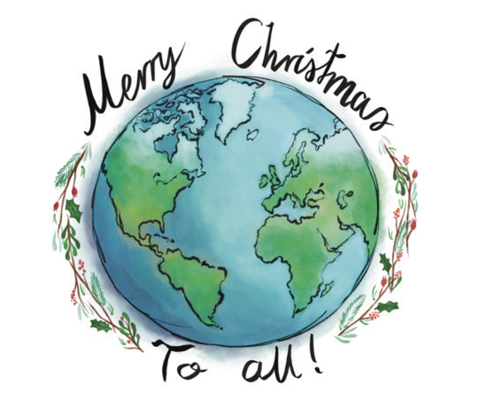 A globe, with the words 'Merry Christmas to all' written around it in cursive font